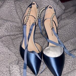 Stuart Weitzman Navy Satin Heels with Pearl Detail